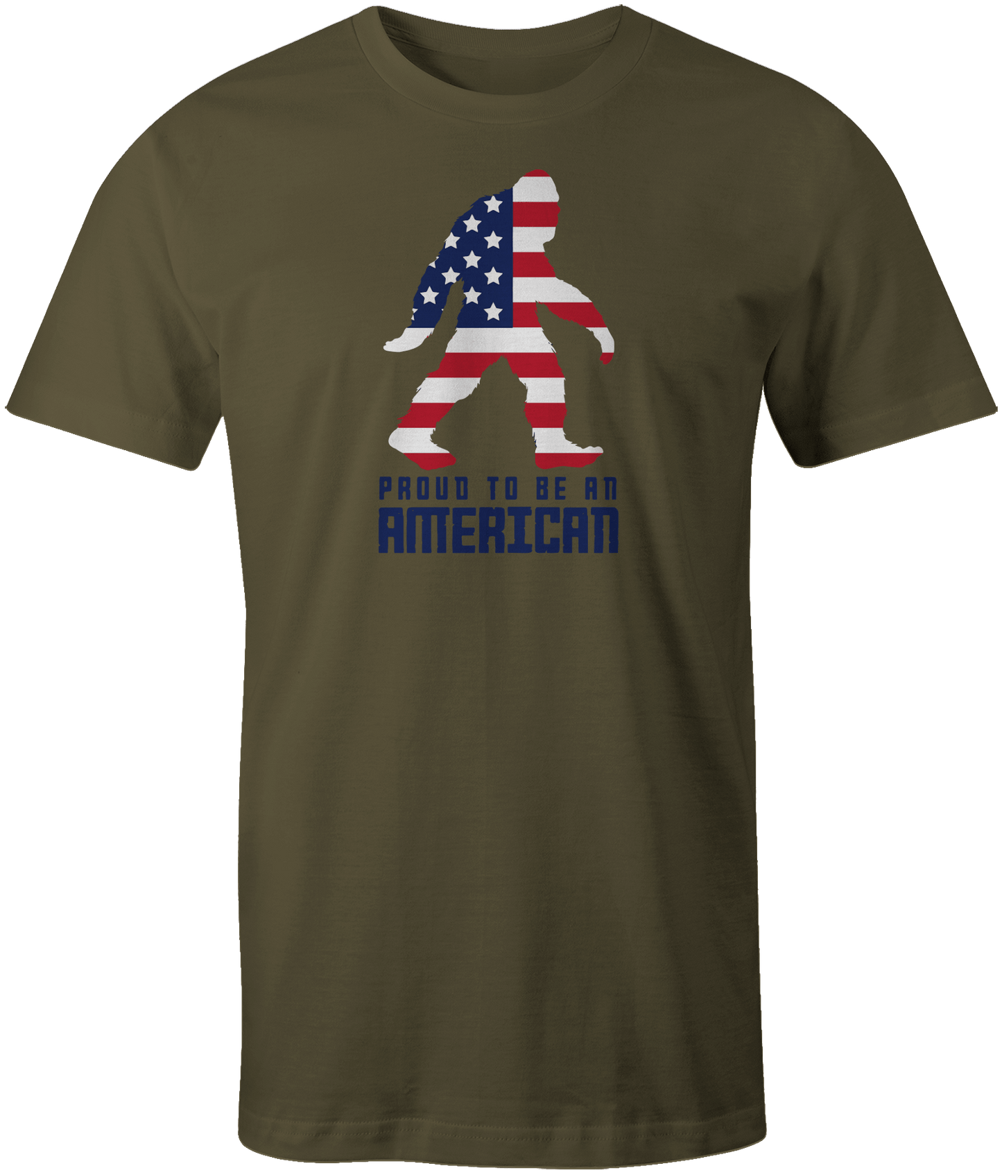 Army green American Legend Unisex Tee. Features a Sasquatch silhouette filled with the American flag and the phrase 'Proud To Be An American.' A patriotic and unique design."