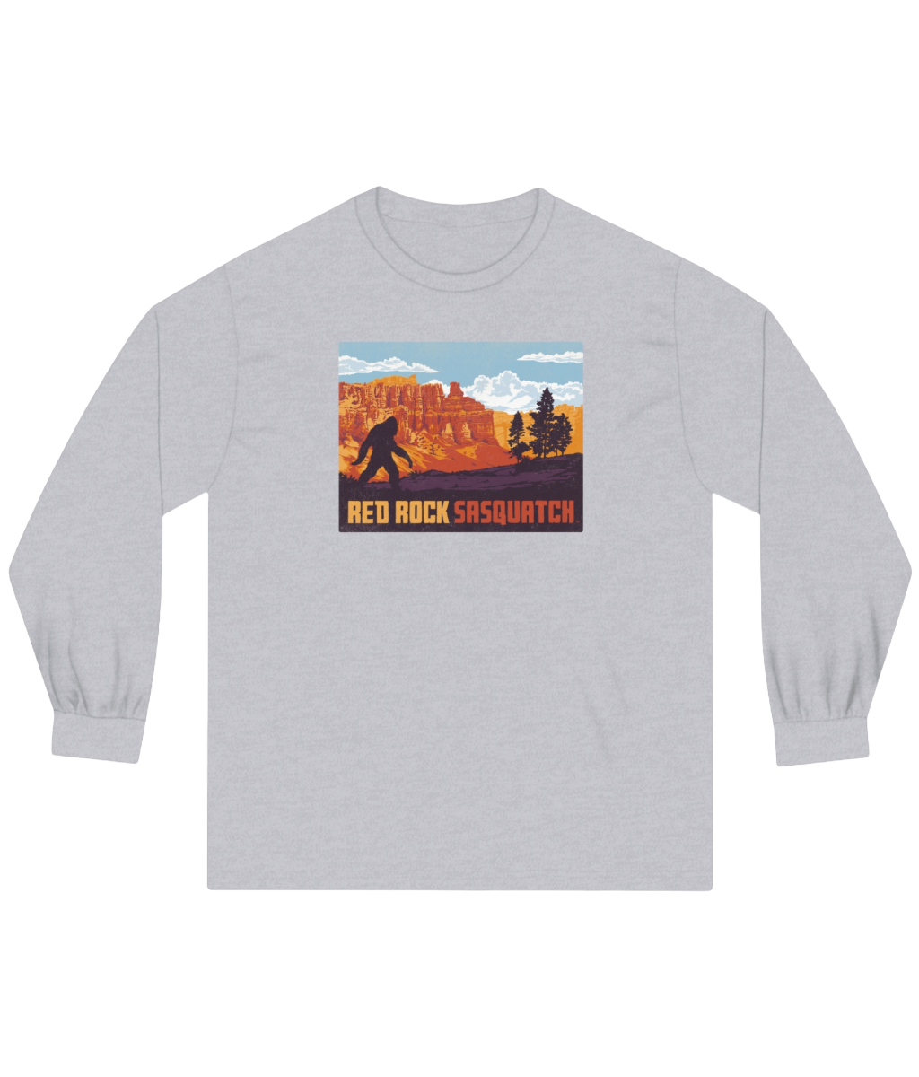 Athletic heather long-sleeve Bryce Canyon tee. Features a Sasquatch silhouette in a Bryce Canyon National Park landscape.