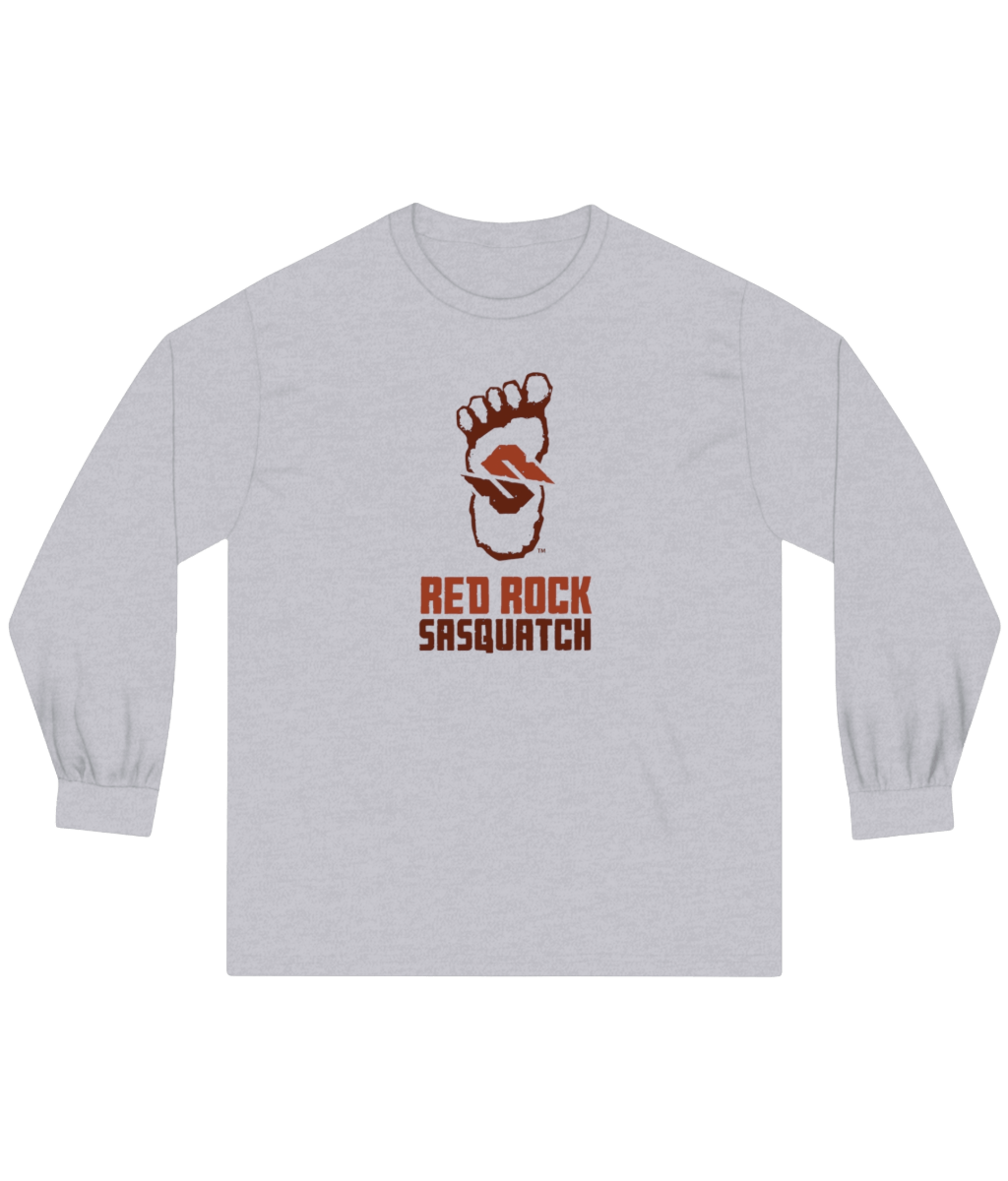 Athletic heather long-sleeve Red Rock Sasquatch tee. Features the Red Rock Sasquatch logo above the text 'Red Rock Sasquatch'.
