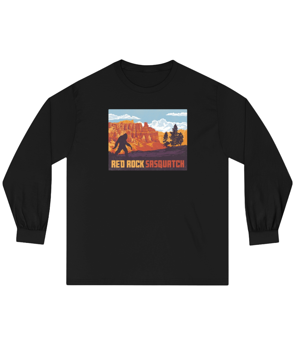 Black long-sleeve Bryce Canyon tee. Showcases a unique design of Sasquatch within a Bryce Canyon setting.