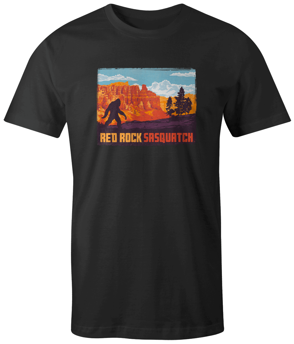 Black short-sleeve t-shirt featuring a Sasquatch exploring the hoodoos of Bryce Canyon National Park.