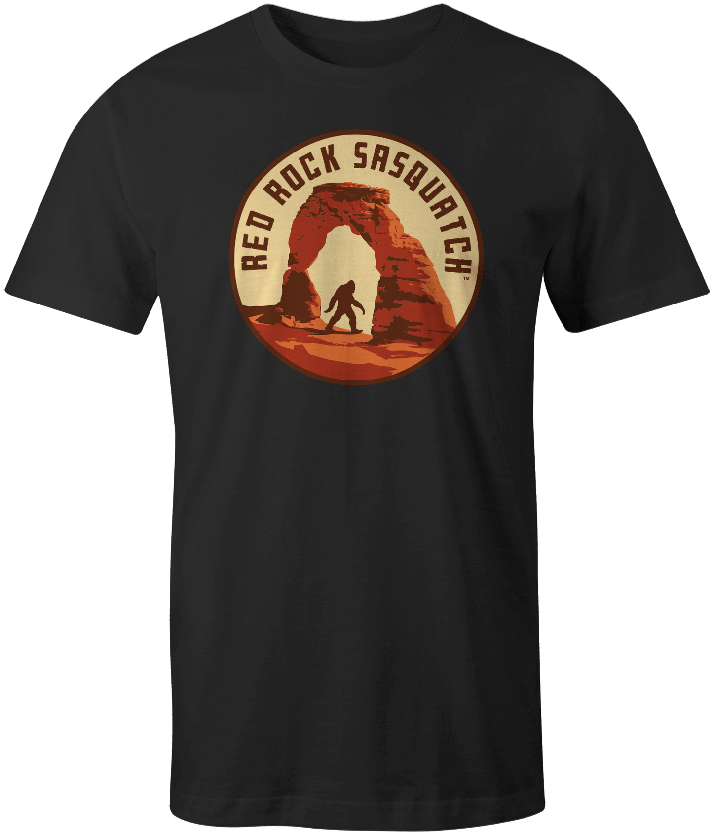 Black Icon Tee - Delicate Arch short-sleeve t-shirt. Features a circular graphic with Delicate Arch and a Sasquatch figure.