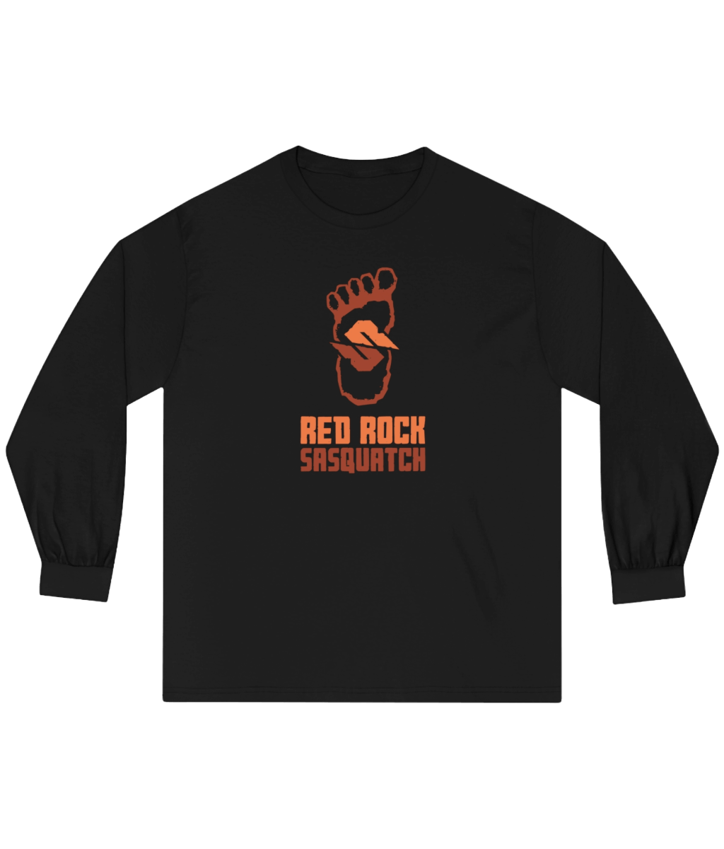 Black long-sleeve Red Rock Sasquatch tee. Displays the Red Rock Sasquatch logo and text. A classic and versatile long-sleeve shirt.
