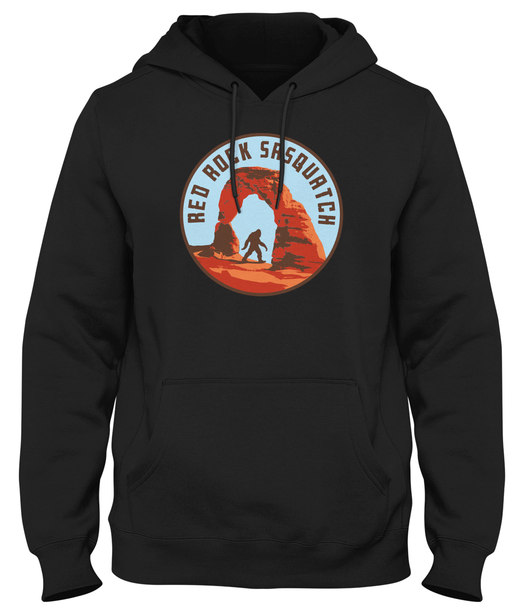 Stay warm and show your love for the Red Rock Sasquatch with this comfortable black pullover hoodie. Ideal for outdoor adventures in Utah.