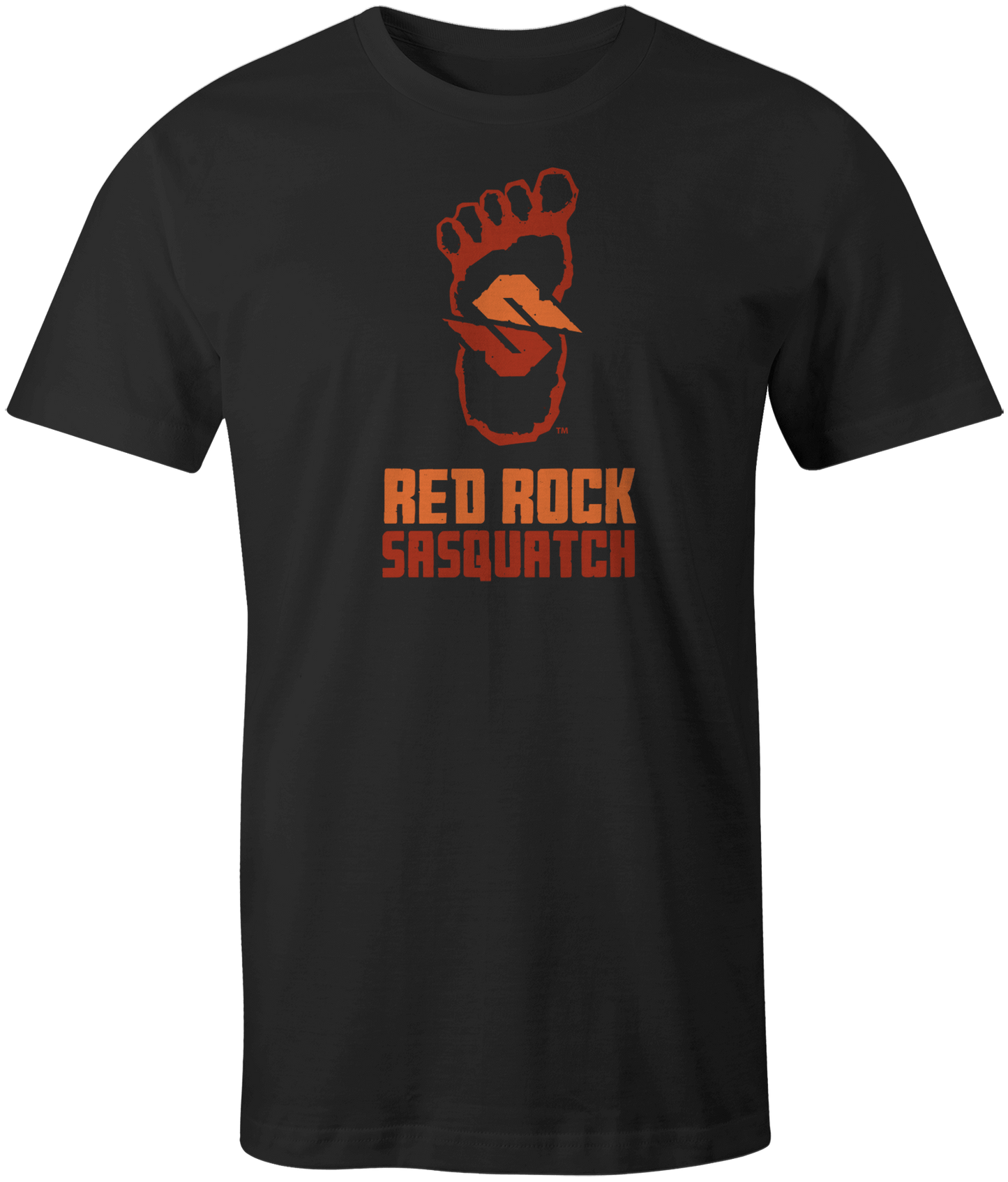 Black short-sleeve t-shirt with the Red Rock Sasquatch stacked logo. A classic and versatile tee.