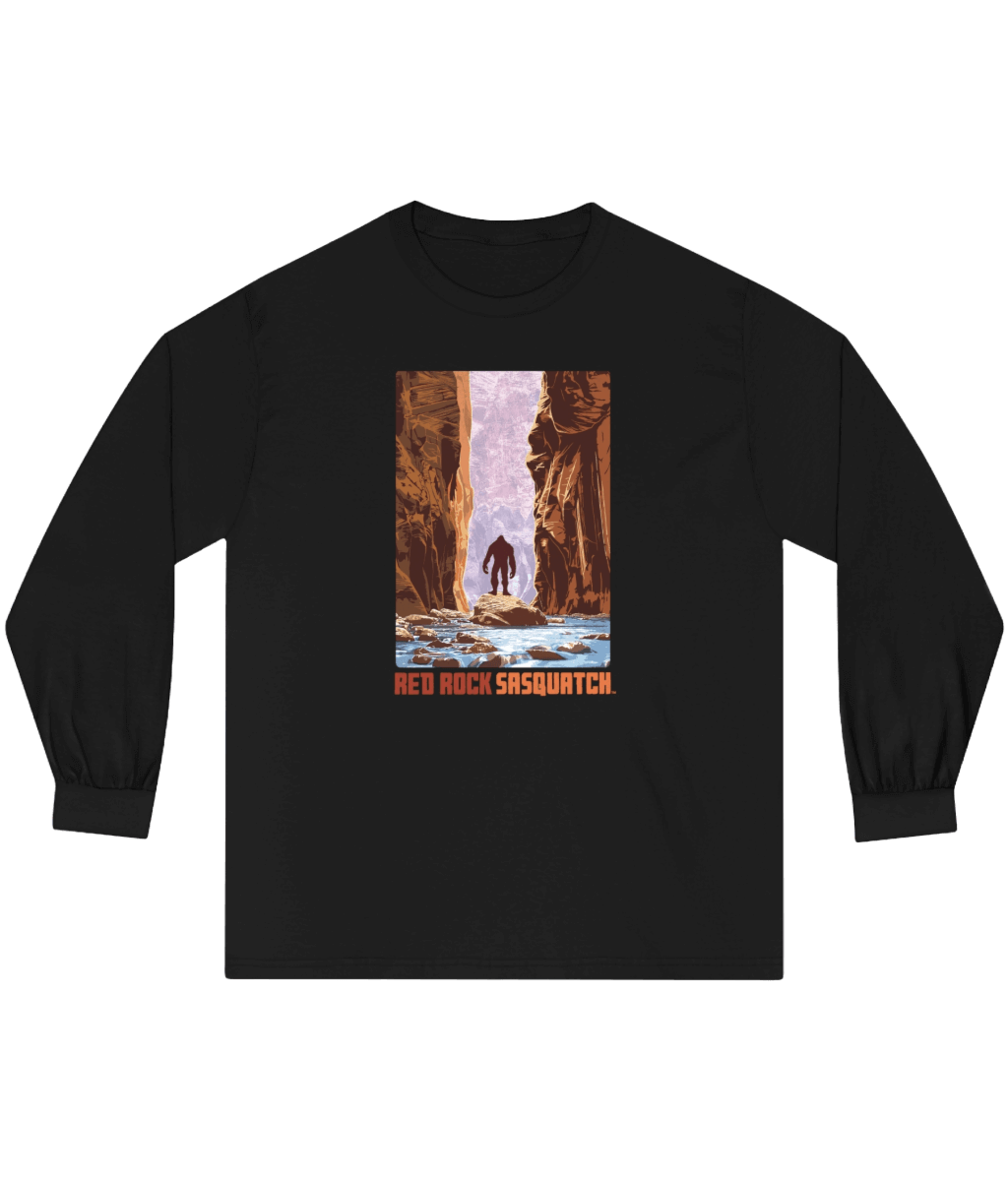 Black Zion Narrows Long-Sleeve Tee. Showcases a unique design of Sasquatch within the dramatic rock walls of The Narrows.