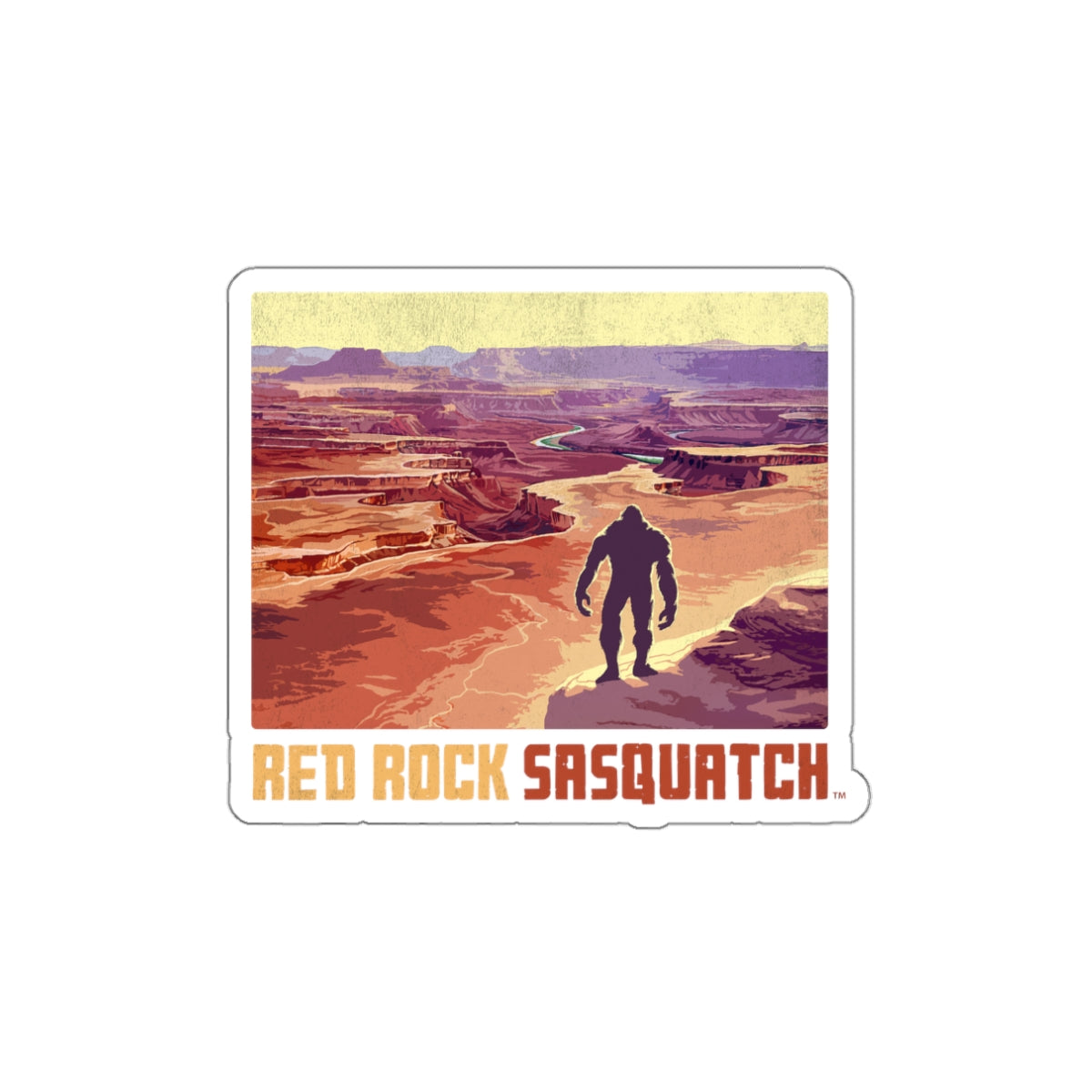 Canyonlands die-cut sticker. Features a Sasquatch silhouette overlooking the vast canyons of Canyonlands National Park. A unique sticker for fans of Utah's stunning landscapes and the legendary creature