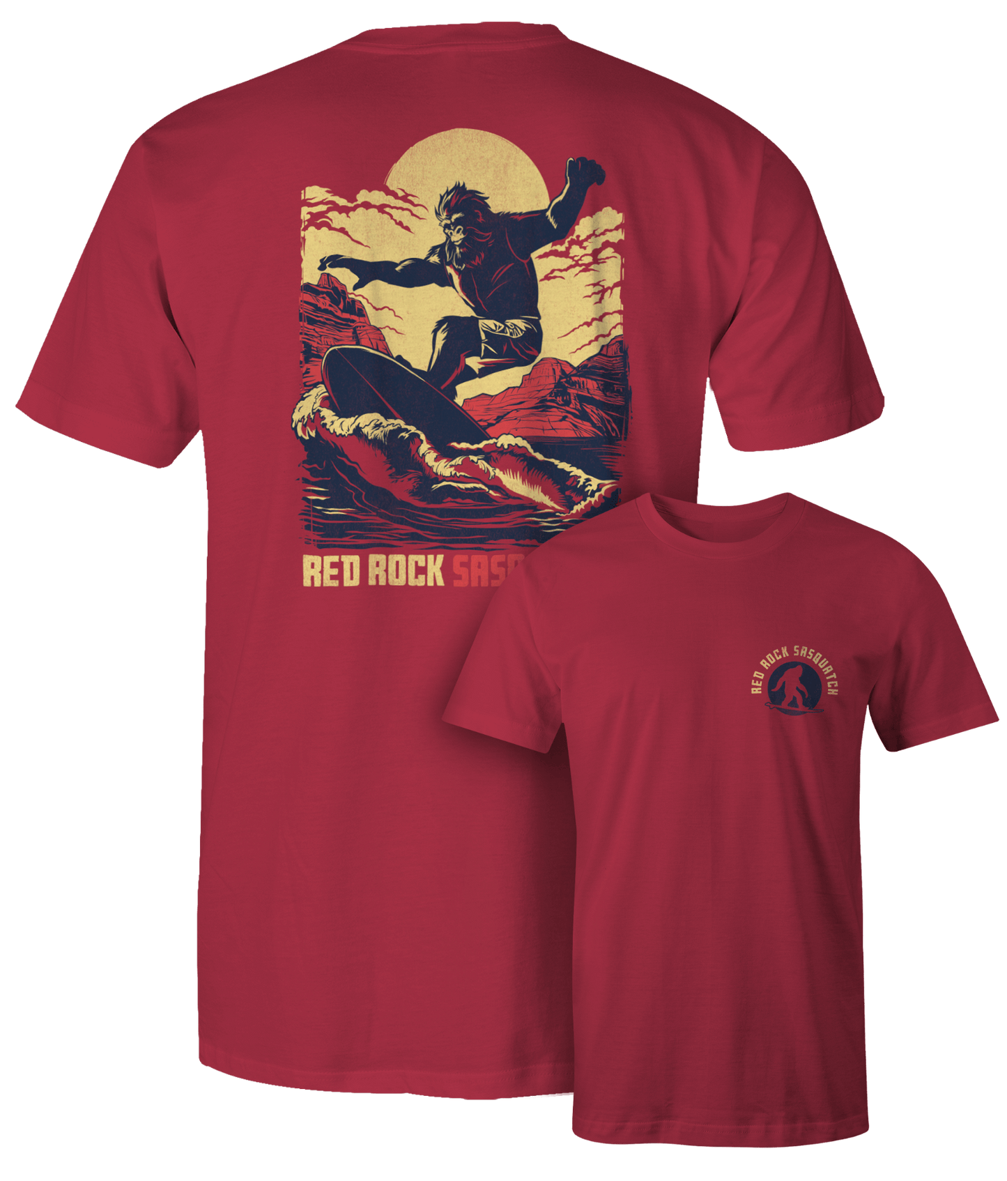 Chili Squatch Surfer t-shirt. Bold design of Sasquatch surfing at Lake Powell. Perfect for adventure seekers.