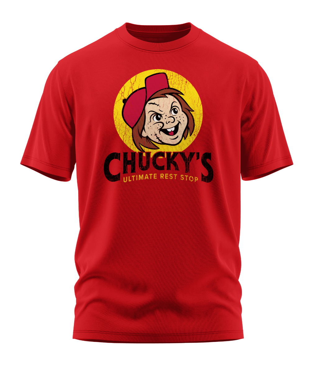 Front view of the red Chucky's Rest Stop Unisex T-Shirt from Shirts Of Legend. The graphic is a funny horror movie parody of the Buc-ee's logo, featuring a distressed illustration of Chucky's face in a red hat inside a yellow circle with the text "Chucky's Ultimate Rest Stop."