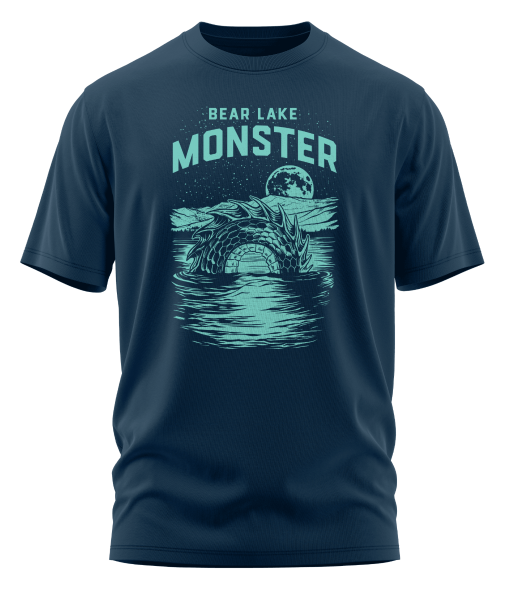 Cool blue Bear Lake Monster t-shirt. Unique design of a mythical creature in a lake setting.