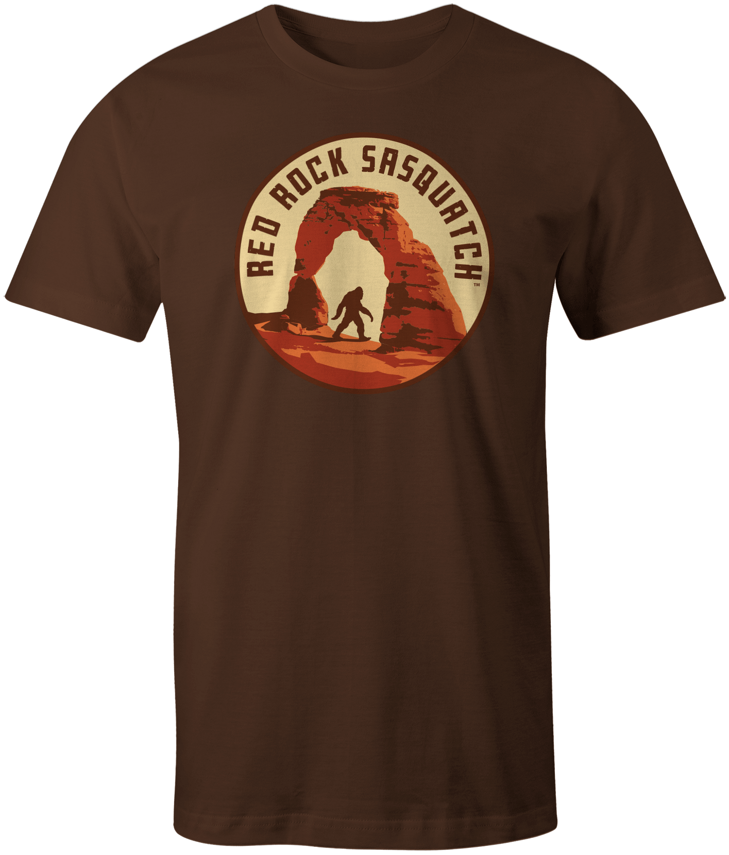 Dark chocolate Icon Tee - Delicate Arch short-sleeve t-shirt. Features a circular print of Delicate Arch and a Sasquatch silhouette.