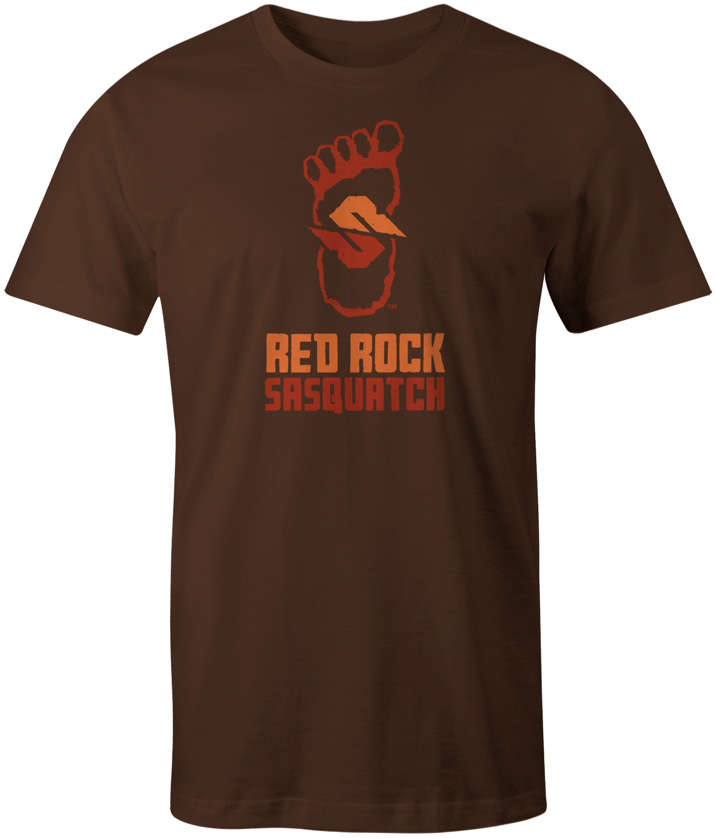 Dark chocolate short-sleeve t-shirt featuring the stacked Red Rock Sasquatch design. A unique and earthy option.