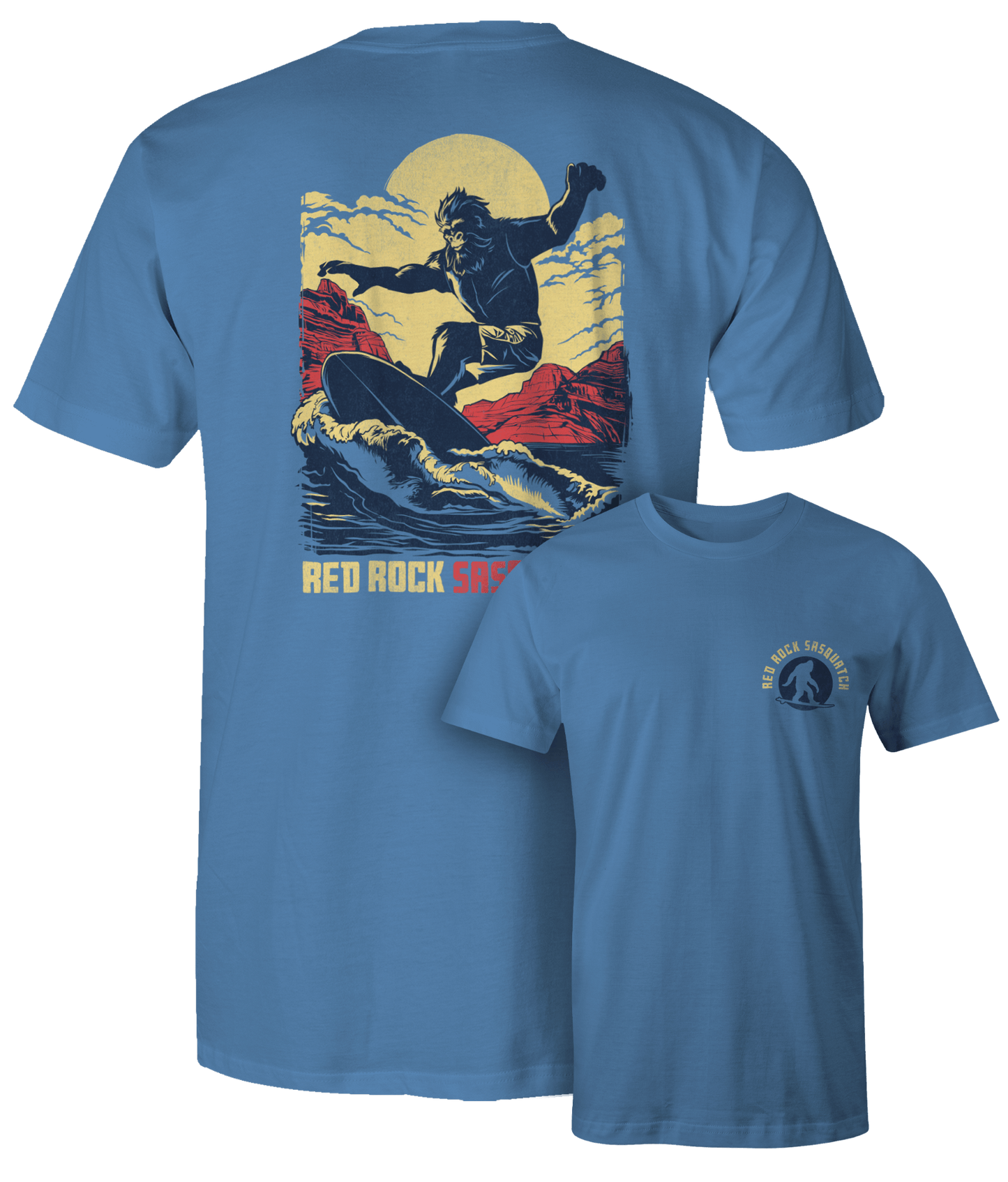 Flo Blue Squatch Surfer t-shirt. Vibrant color and Sasquatch surfing design. A must-have for Lake Powell fans.
