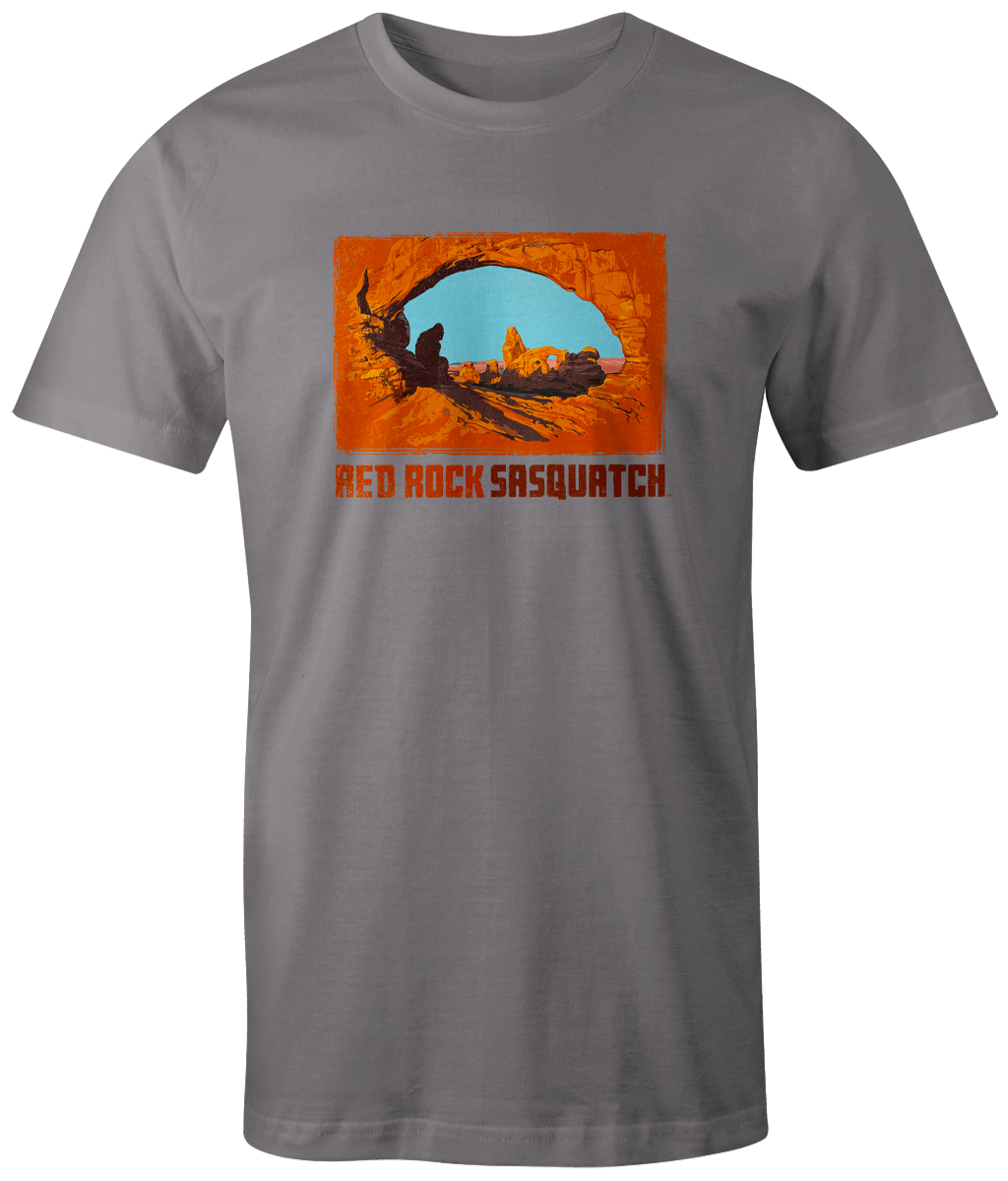 Granite short-sleeve tee with a unique design of Sasquatch at the iconic Delicate Arch.