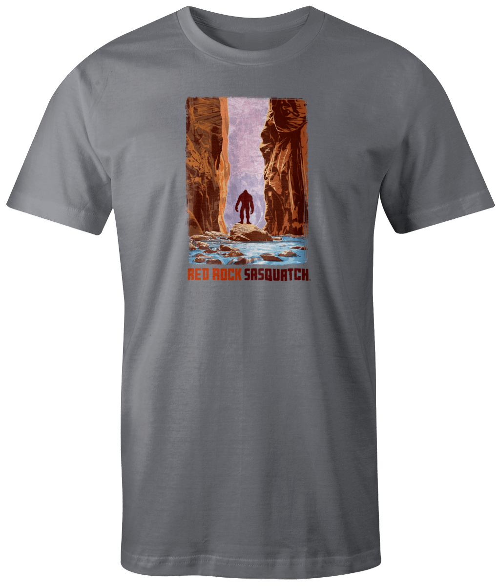 Grey short-sleeve t-shirt showcasing a Sasquatch figure in the iconic landscape of The Narrows in Zion.