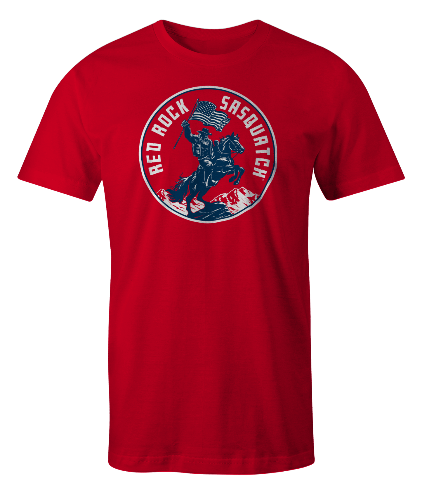Ivory Squatchrider t-shirt with red text. Showcases Sasquatch on horseback with an American flag. A vintage-inspired patriotic design.