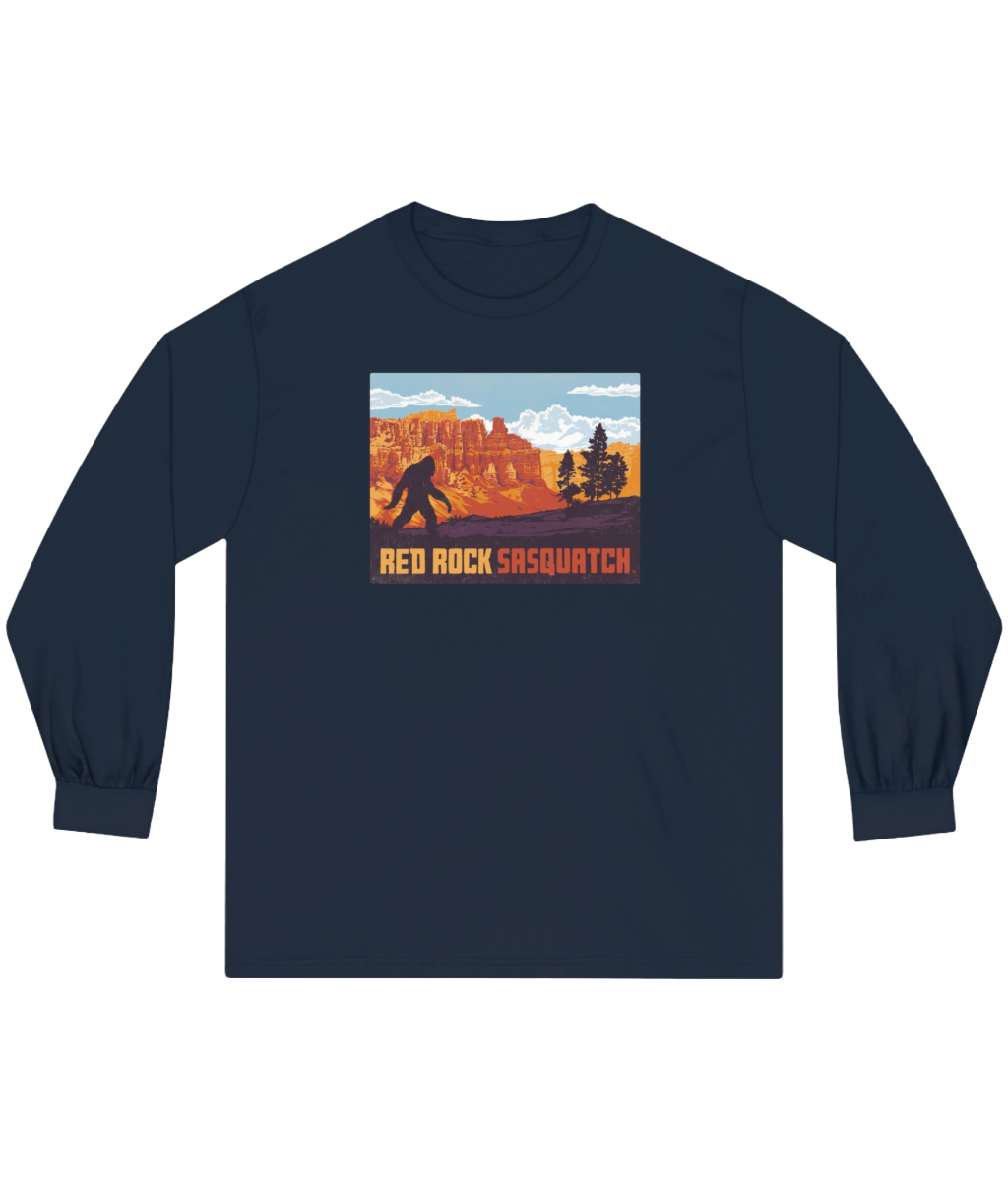 Navy long-sleeve Bryce Canyon tee. Depicts a Sasquatch figure in a Bryce Canyon scene.