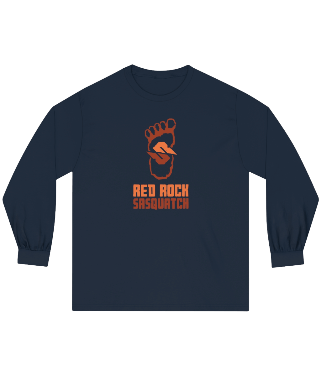 Navy long-sleeve Red Rock Sasquatch tee. Features the Red Rock Sasquatch design. A comfortable and stylish long-sleeve option.