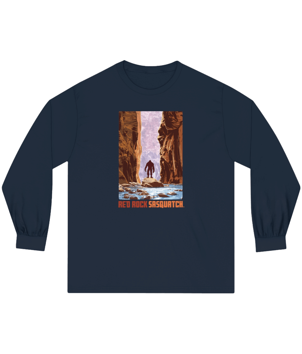 Navy Zion Narrows Long-Sleeve Tee. Depicts Sasquatch in the scenic landscape of The Narrows in Zion.