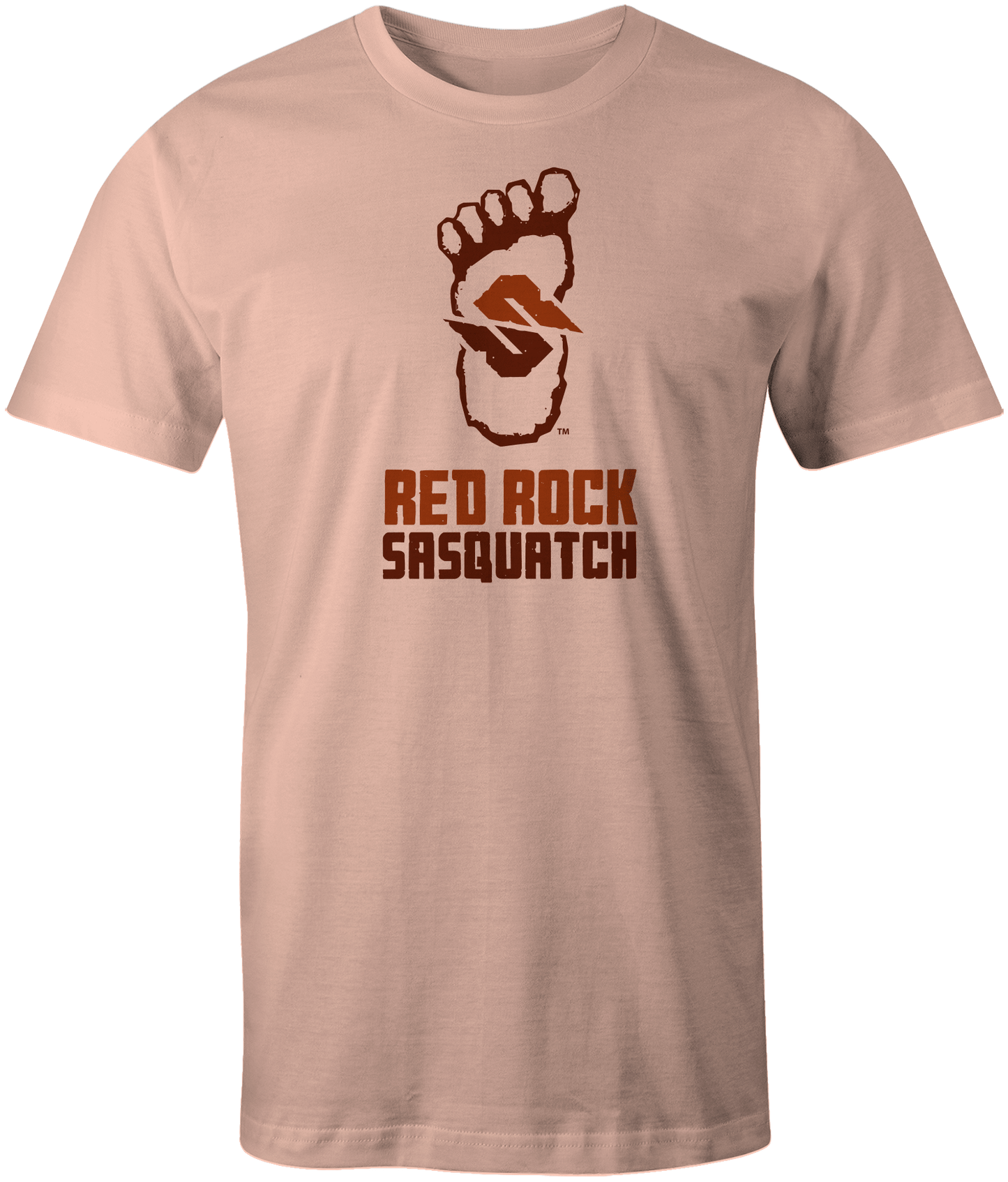Pale pink short-sleeve t-shirt showcasing the stacked Red Rock Sasquatch graphic. A soft and stylish choice.
