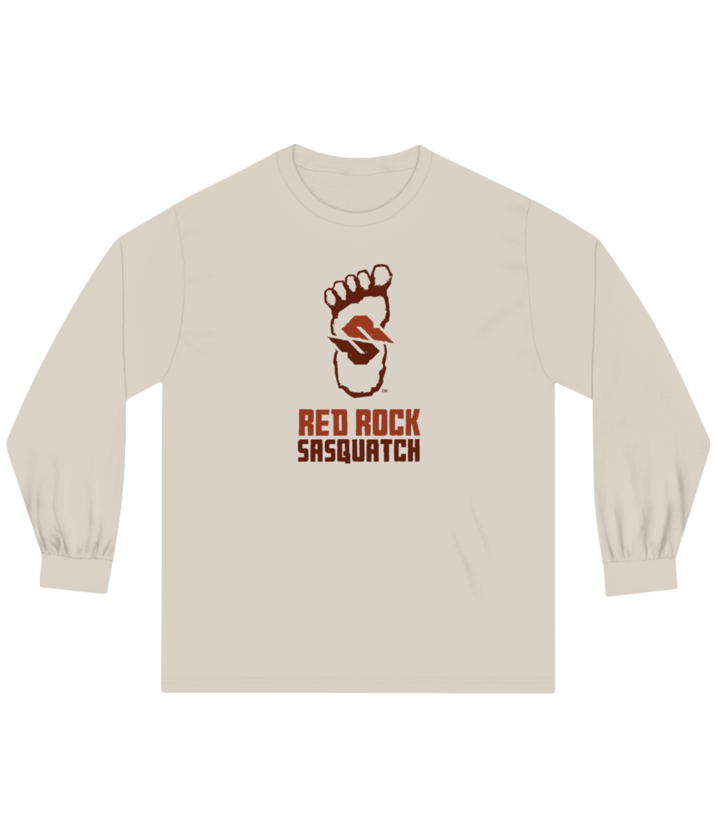 Sand-colored long-sleeve Red Rock Sasquatch tee. Features the Red Rock Sasquatch logo and text. A casual and earthy long-sleeve choice.