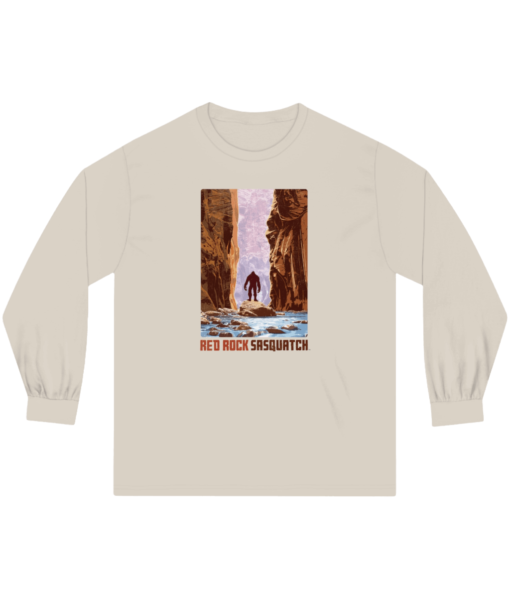 Sand-colored Zion Narrows Long-Sleeve Tee. Features a Sasquatch graphic within the narrow canyon setting of The Narrows.