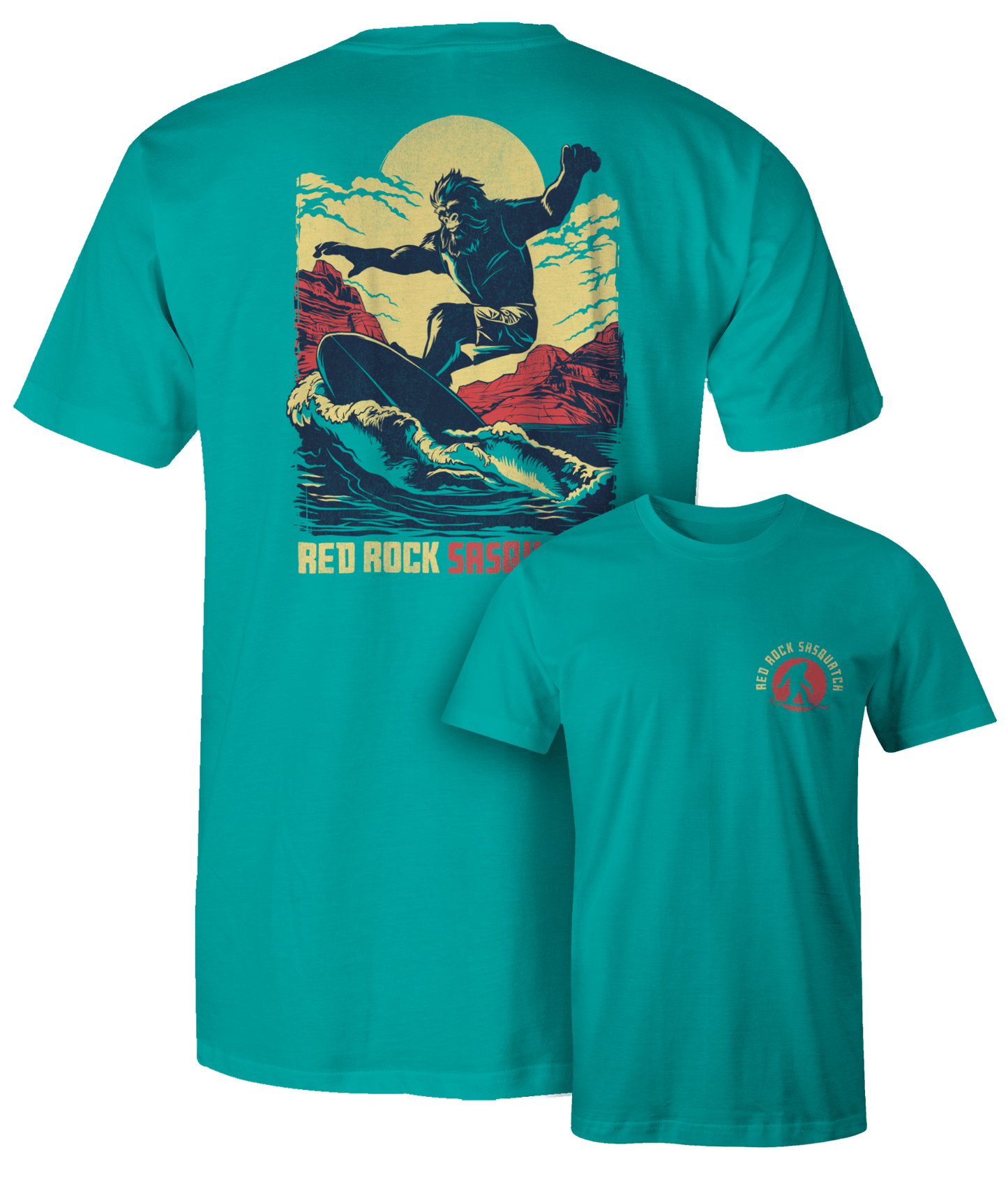 Seafoam Squatch Surfer t-shirt. Features Sasquatch surfing a wave at Lake Powell. Unique design for outdoor enthusiasts.