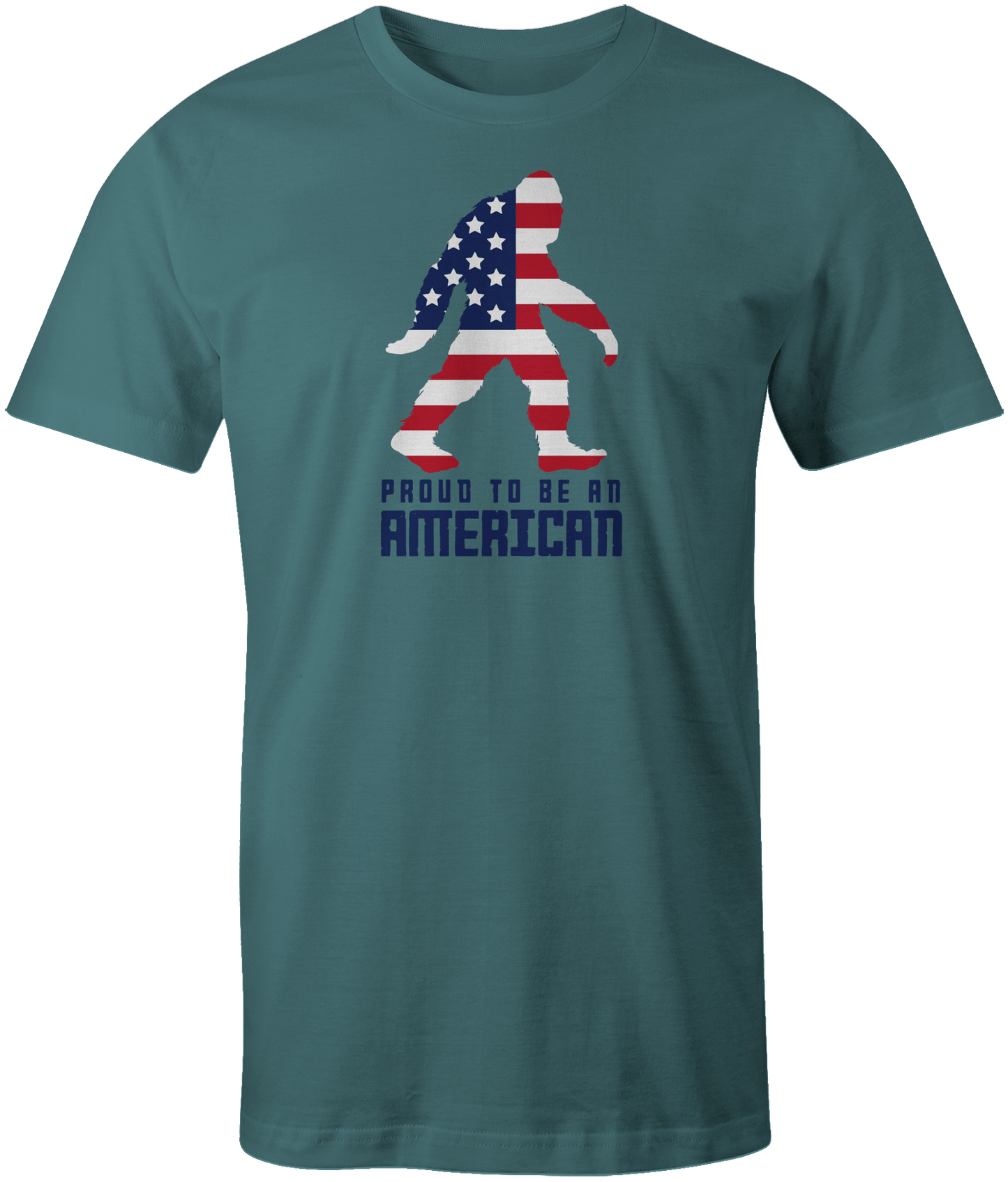 Slate blue American Legend Unisex Tee. Features a Sasquatch silhouette in the colors of the American flag and the phrase 'Proud To Be An American.' A unique and patriotic tee.