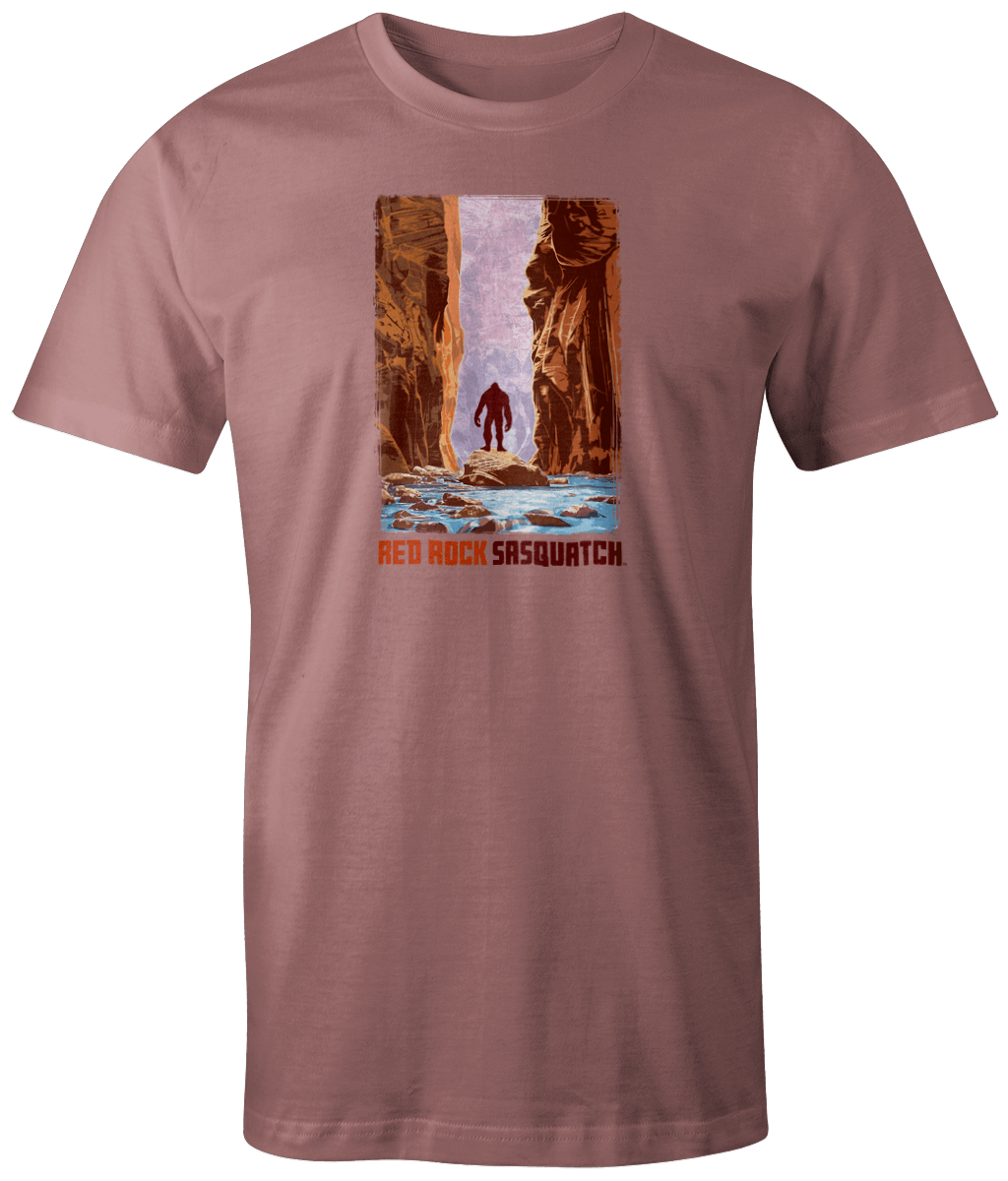 Terracotta short-sleeve t-shirt displaying a Sasquatch in the dramatic scenery of The Narrows, Zion National Park.