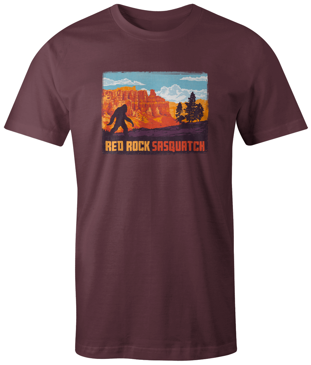 Vineyard-colored short-sleeve tee displaying a Sasquatch in the dramatic scenery of Bryce Canyon.