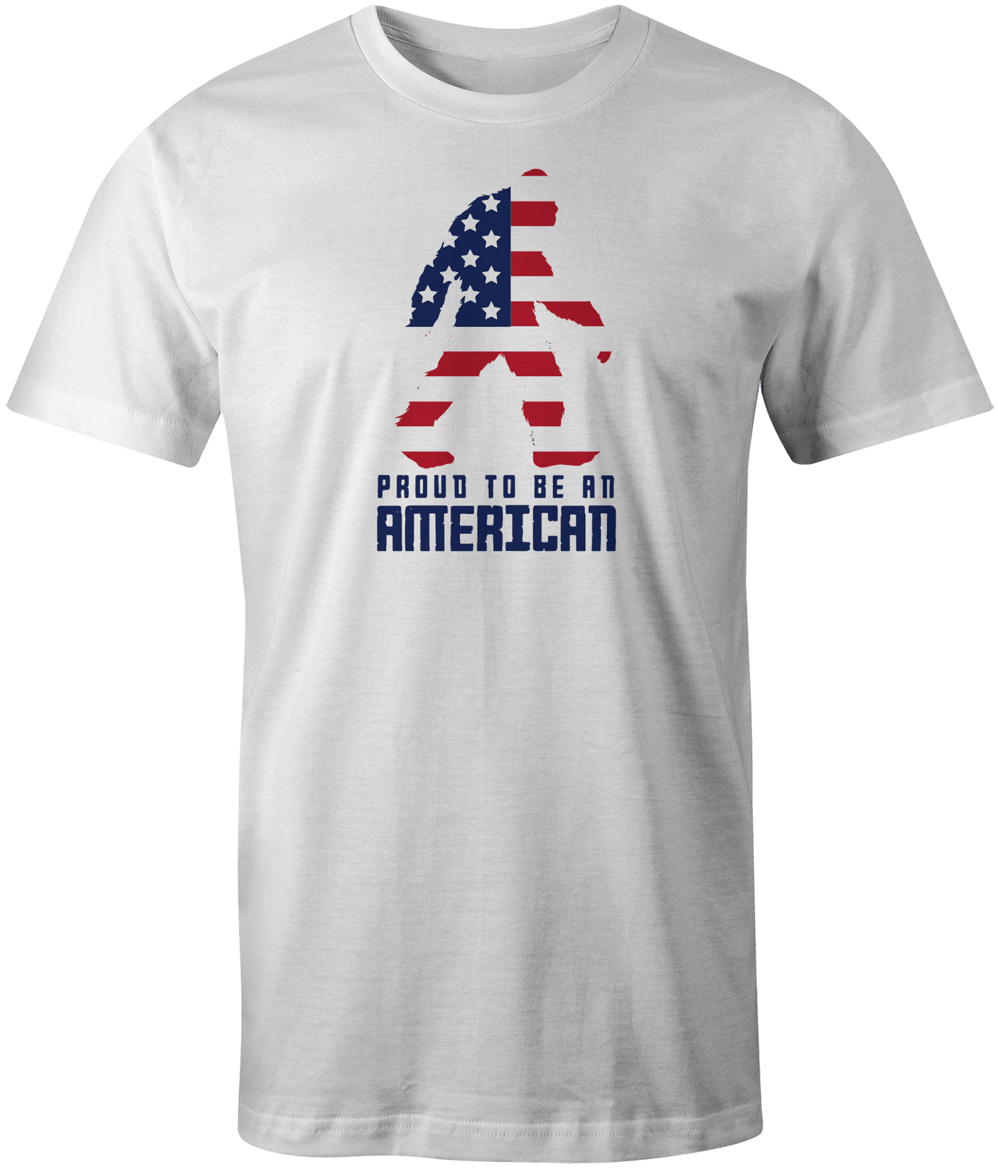 White American Legend Unisex Tee. Bold design with an American flag Sasquatch silhouette and the 'Proud To Be An American' slogan. A statement piece for patriotic individuals.