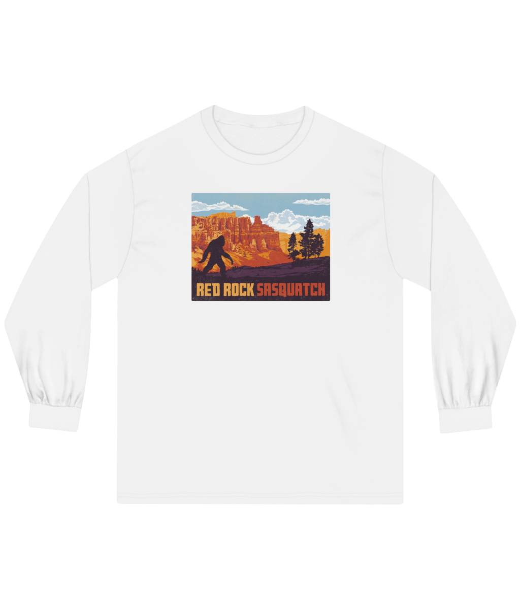 White long-sleeve Bryce Canyon tee. Displays a Sasquatch design in the iconic Bryce Canyon scenery.