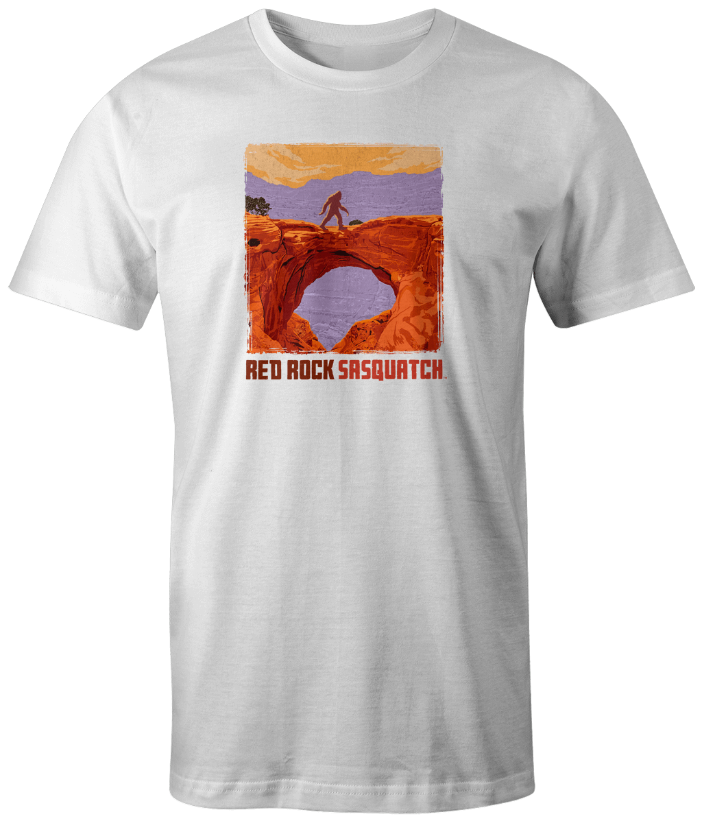 White short-sleeve tee with a unique design of Sasquatch at a scenic overlook in Capitol Reef.