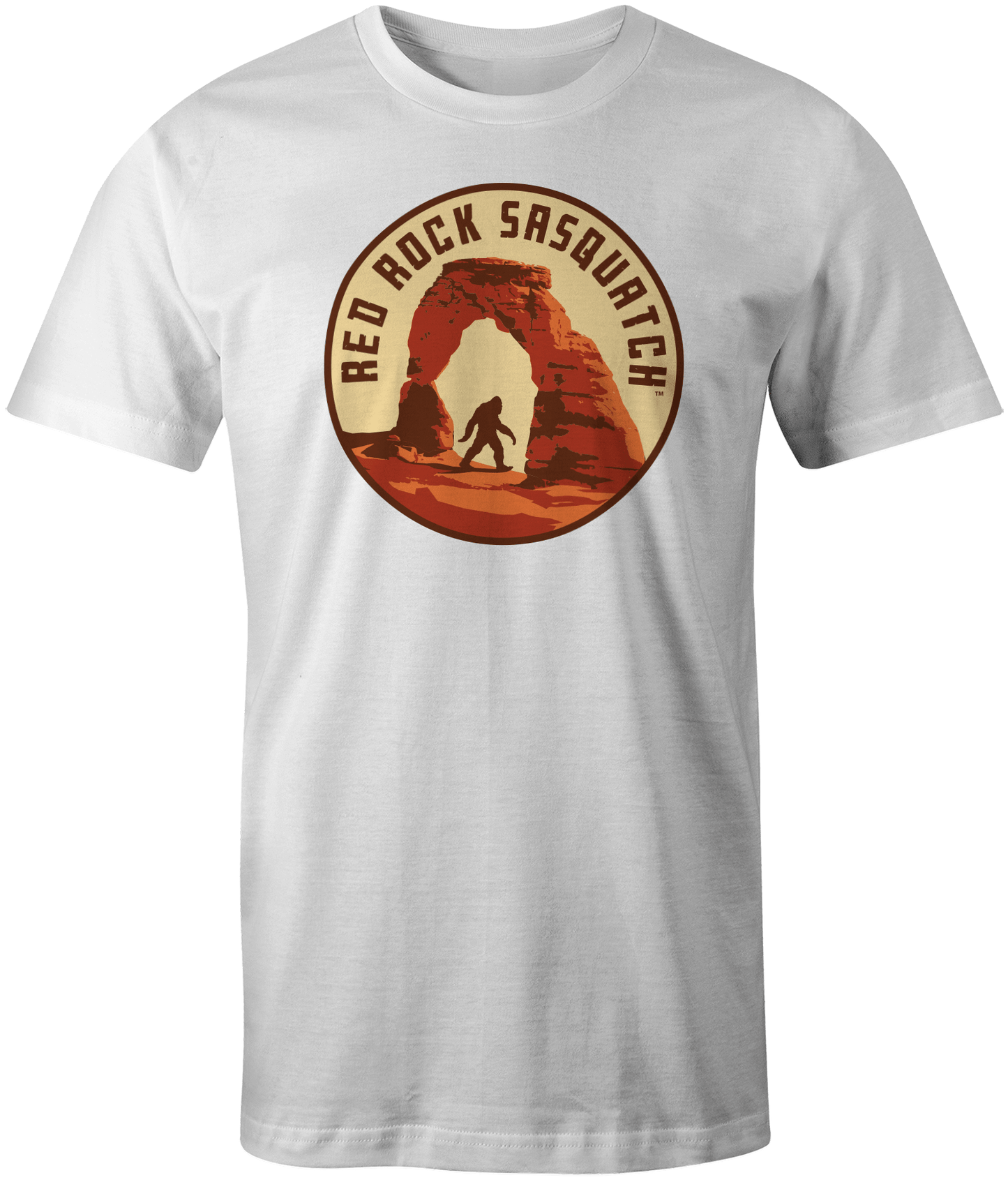 White Icon Tee - Delicate Arch short-sleeve t-shirt. Showcases a circular design of Delicate Arch in Arches National Park with a Sasquatch.
