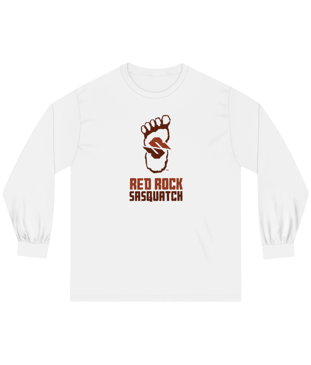 White long-sleeve Red Rock Sasquatch tee. Showcases the Red Rock Sasquatch design. A clean and simple long-sleeve shirt.