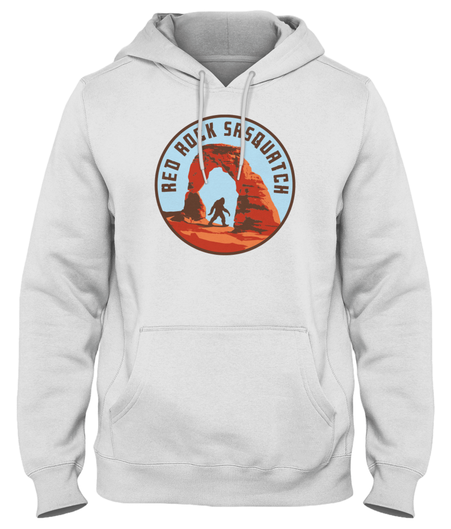 Stylish white pullover hoodie featuring the iconic Red Rock Sasquatch design. Perfect for hikers and nature lovers exploring Utah's Delicate Arch.
