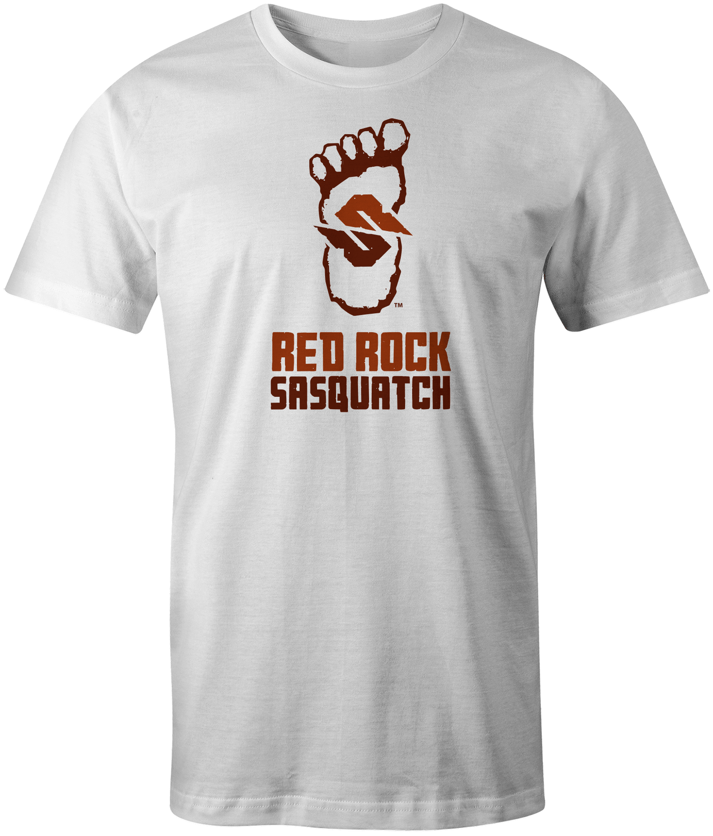 White short-sleeve t-shirt with the Red Rock Sasquatch logo stacked. A clean and simple style.