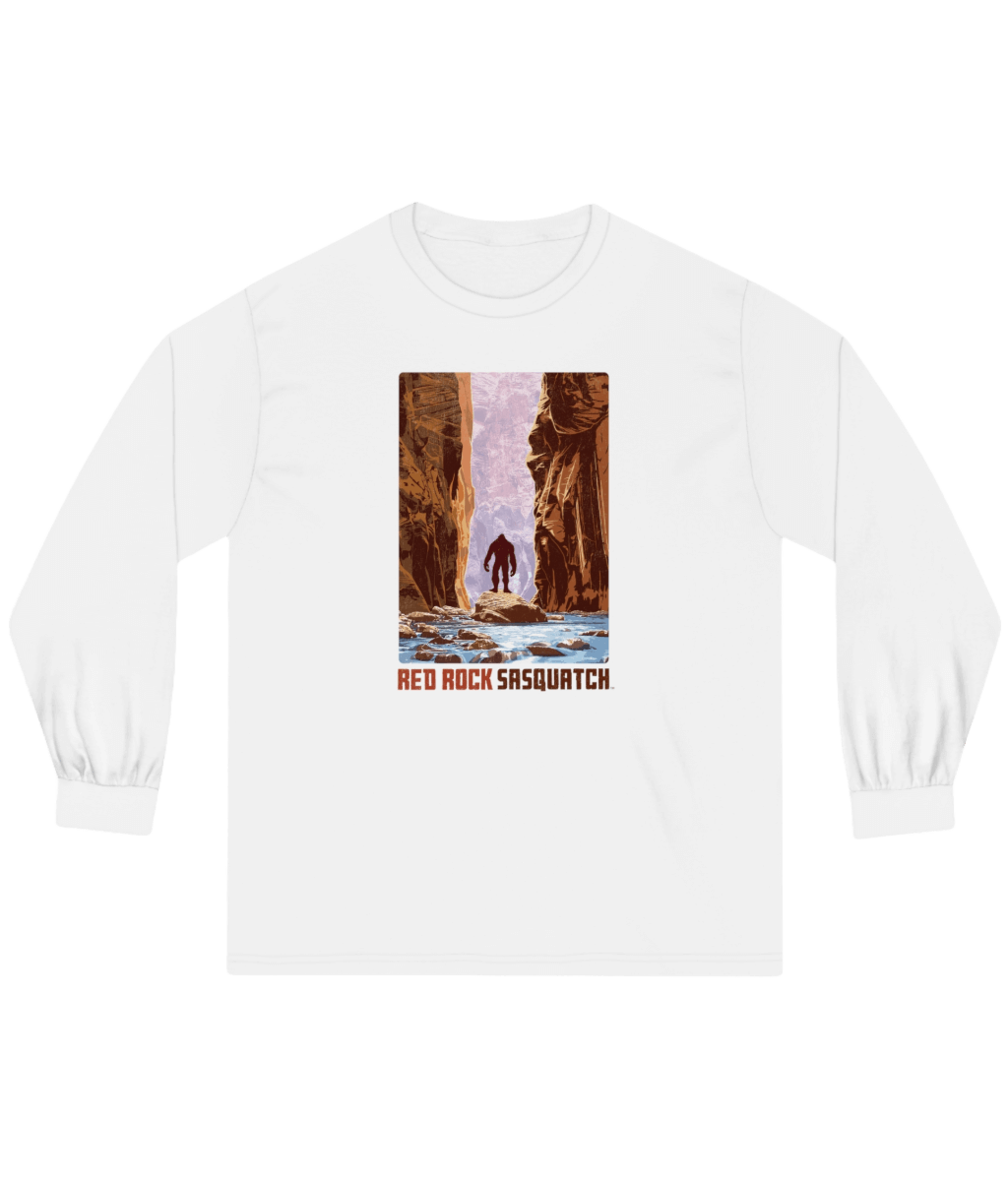 White Zion Narrows Long-Sleeve Tee. Displays a Sasquatch design in the iconic and watery scenery of The Narrows.