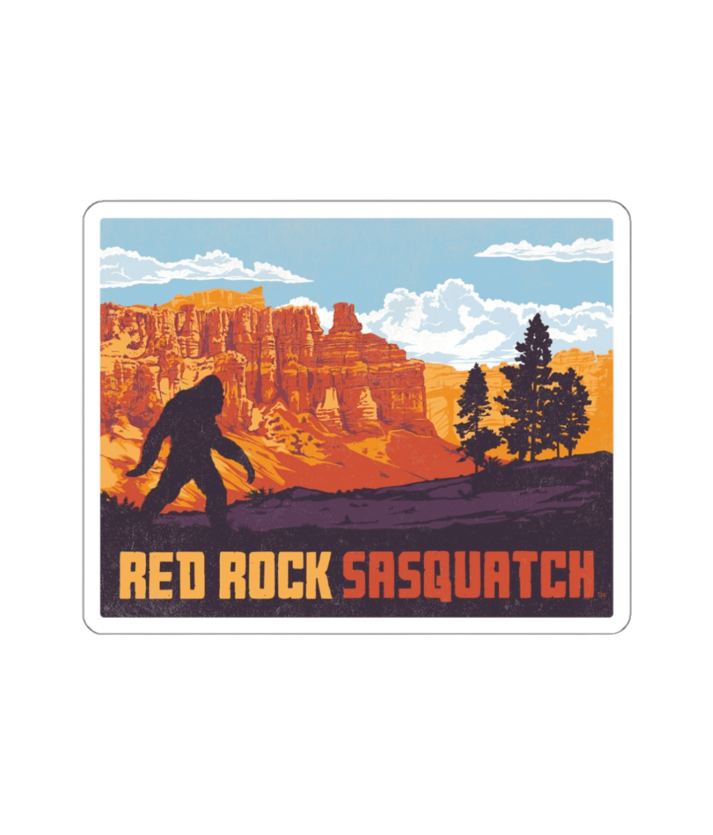 Bryce Canyon die-cut sticker. Features a Sasquatch silhouette against the iconic Bryce Canyon landscape. A unique and vibrant sticker for fans of the outdoors and mythical creatures.