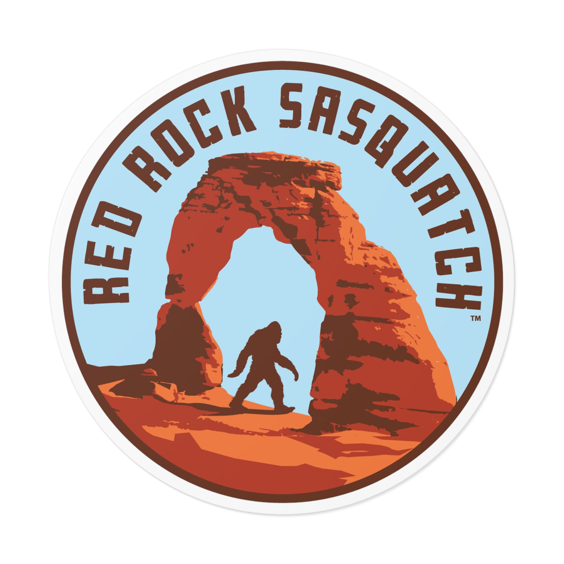 Delicate Arch vinyl sticker. Features a silhouette of Sasquatch standing beneath the iconic Delicate Arch in Arches National Park. A unique and eye-catching sticker for fans of Utah's landmarks and the legendary creature.