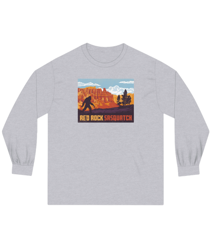 Athletic heather long-sleeve Bryce Canyon tee. Features a Sasquatch silhouette in a Bryce Canyon National Park landscape.