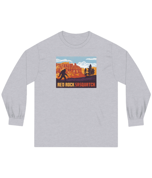 Athletic heather long-sleeve Bryce Canyon tee. Features a Sasquatch silhouette in a Bryce Canyon National Park landscape.