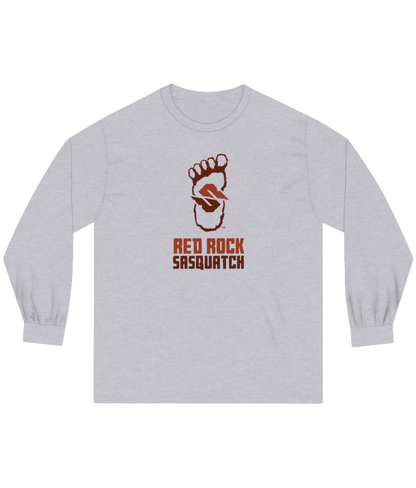 Athletic heather long-sleeve Red Rock Sasquatch tee. Features the Red Rock Sasquatch logo above the text 'Red Rock Sasquatch'.