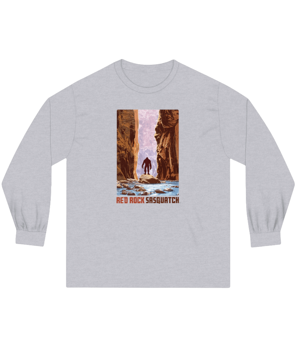 Athletic Heather Zion Narrows Long-Sleeve Tee. Features a Sasquatch figure standing in The Narrows, a slot canyon in Zion National Park.