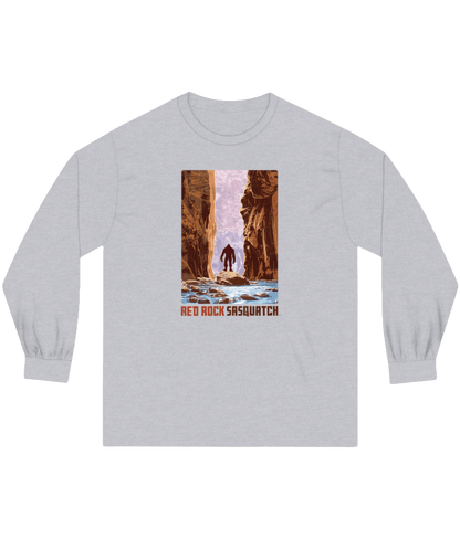 Athletic Heather Zion Narrows Long-Sleeve Tee. Features a Sasquatch figure standing in The Narrows, a slot canyon in Zion National Park.