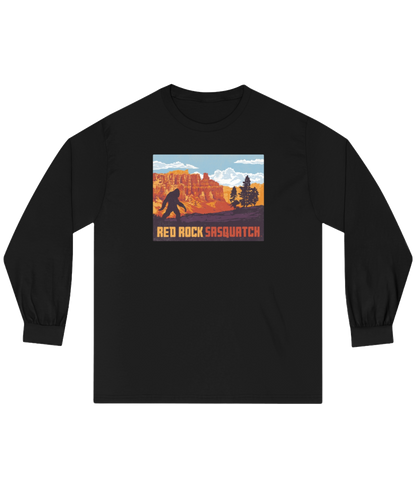 Black long-sleeve Bryce Canyon tee. Showcases a unique design of Sasquatch within a Bryce Canyon setting.