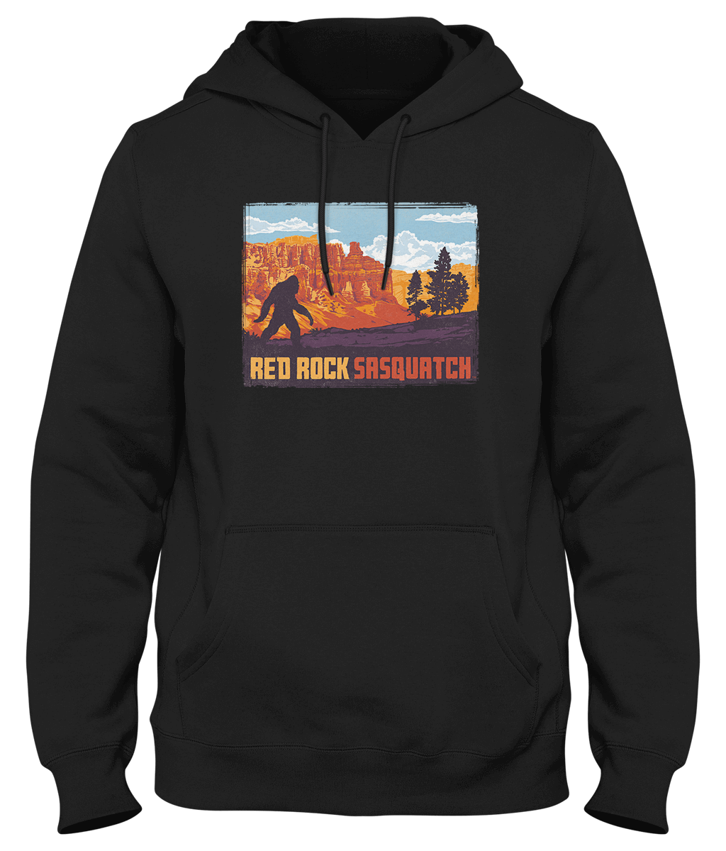 Black Bryce Canyon Sasquatch hoodie featuring Bigfoot exploring the hoodoos. Perfect for hikers and Utah nature lovers.