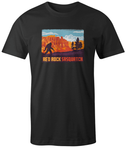 Black short-sleeve t-shirt featuring a Sasquatch exploring the hoodoos of Bryce Canyon National Park.