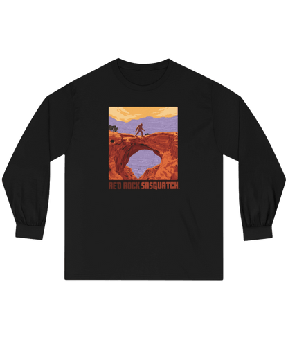 Black Capitol Reef Long-Sleeve Tee. Showcases a unique design of Sasquatch standing on a rock arch in Capitol Reef.