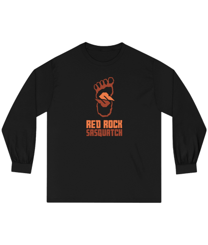 Black long-sleeve Red Rock Sasquatch tee. Displays the Red Rock Sasquatch logo and text. A classic and versatile long-sleeve shirt.